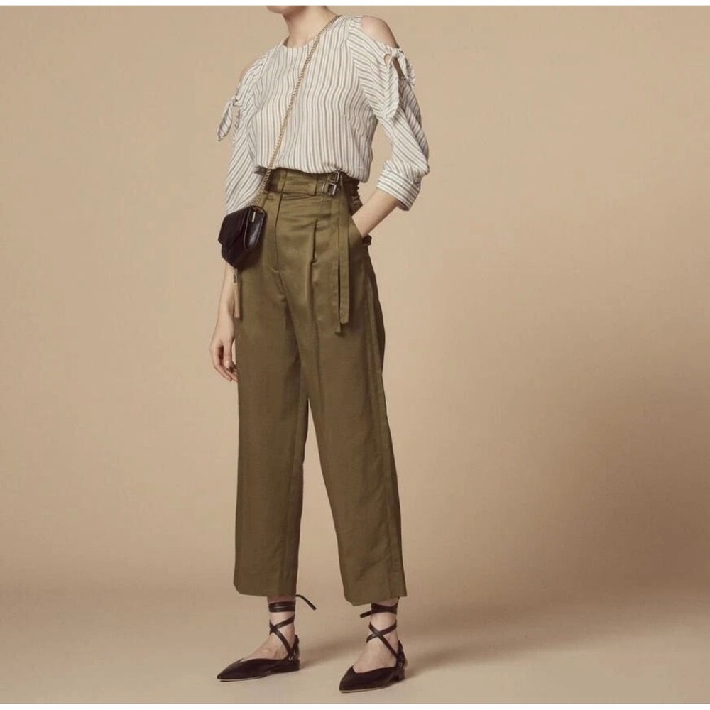 Sandro‎ Paris Olive Green Linen Blend High Waisted Wide Leg Belted Trousers 36